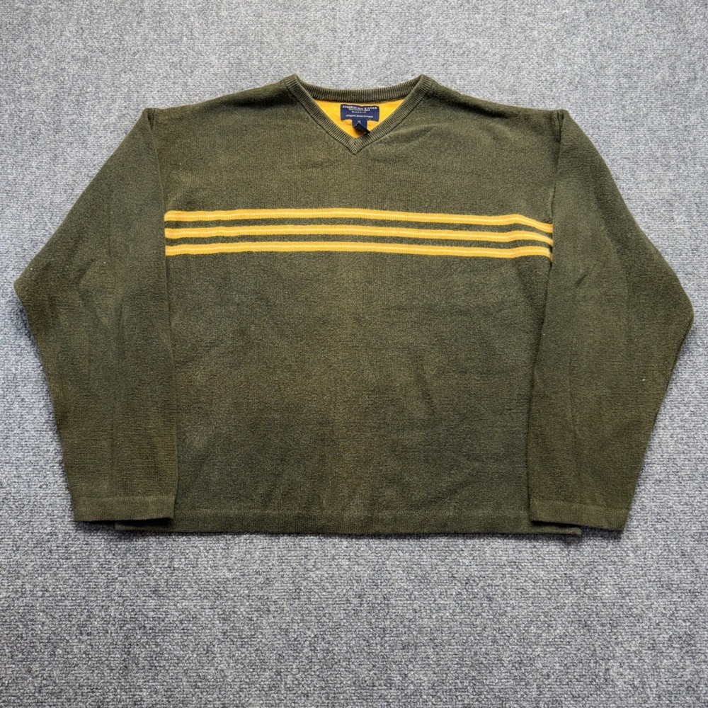 American Eagle Outfitters Mens XL V-Neck Sweater Olive Green Yellow Stripe Ramie